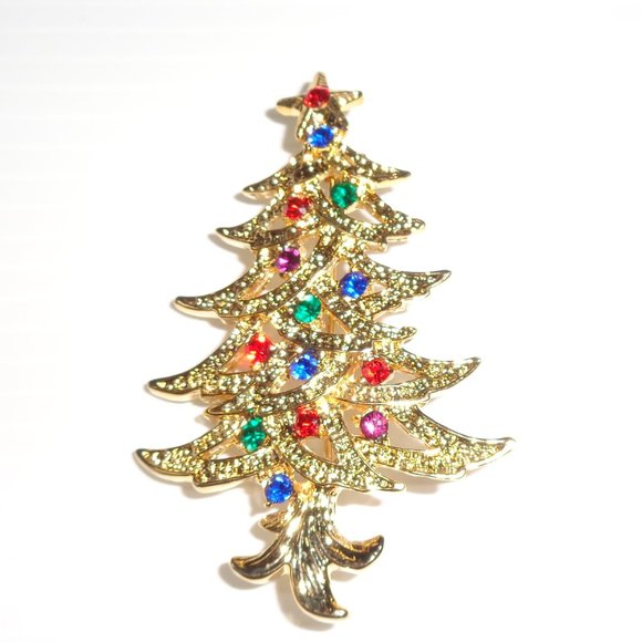 Gold CHRISTMAS TREE PIN with Red & Green CRYSTALS Boxed - Picture 3 of 4